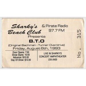 1993 Bachman Turner Overdrive Concert Ticket Stub Panama City Beach FL Sharky's